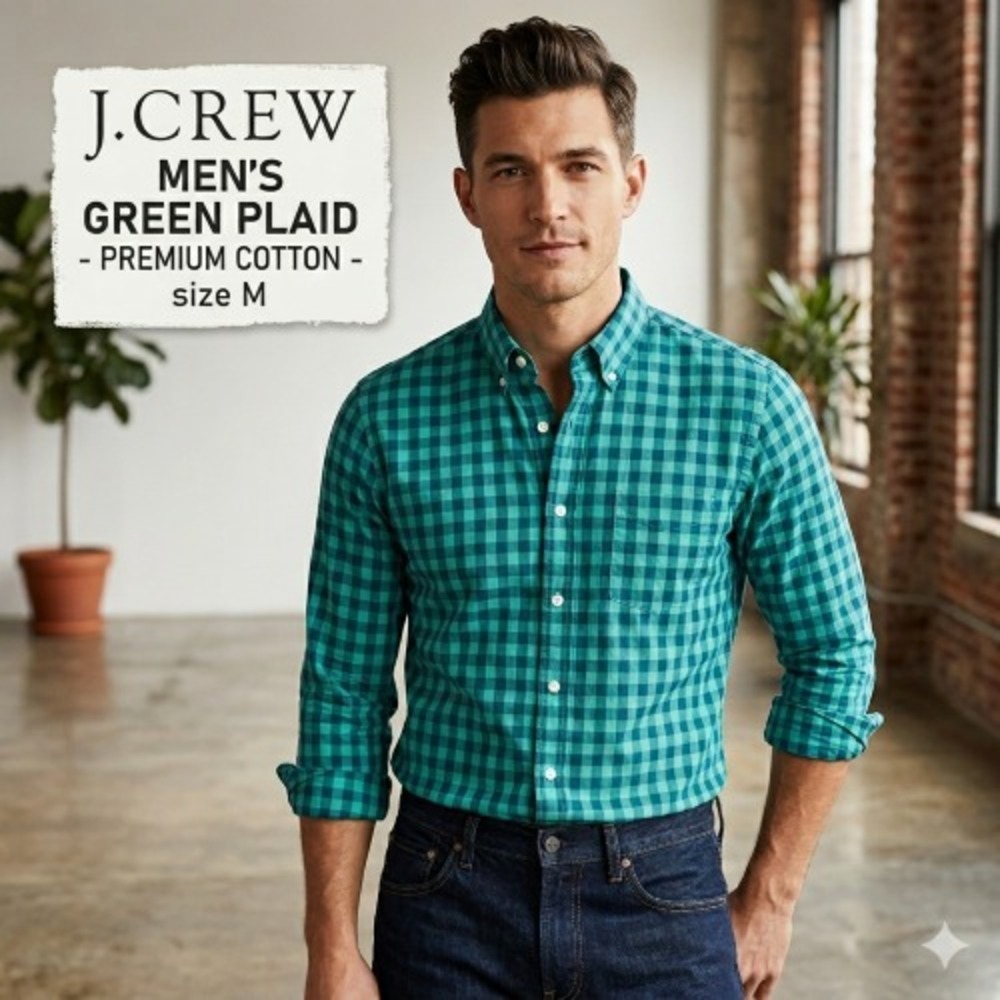 J‎ Crew Men's Green Plaid Shirt M – Premium Cotton Long Sleeve